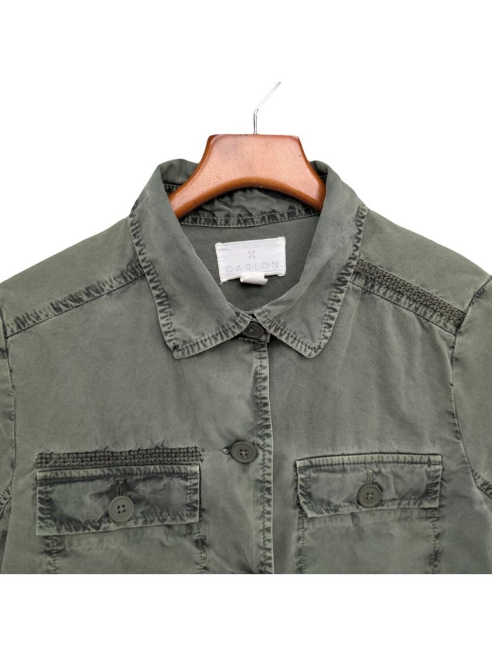Caslon Utility Jacket Womens Olive Green Cotton Twill Button Front Pockets Sz S - Picture 4 of 10